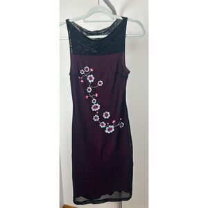 Vintage XOXO Y2K 90s Black Embroidered Flower Dress Fairy Goth S Mesh Burnout